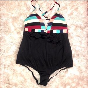 NWOT Sea Angel black, striped one piece swimsuit